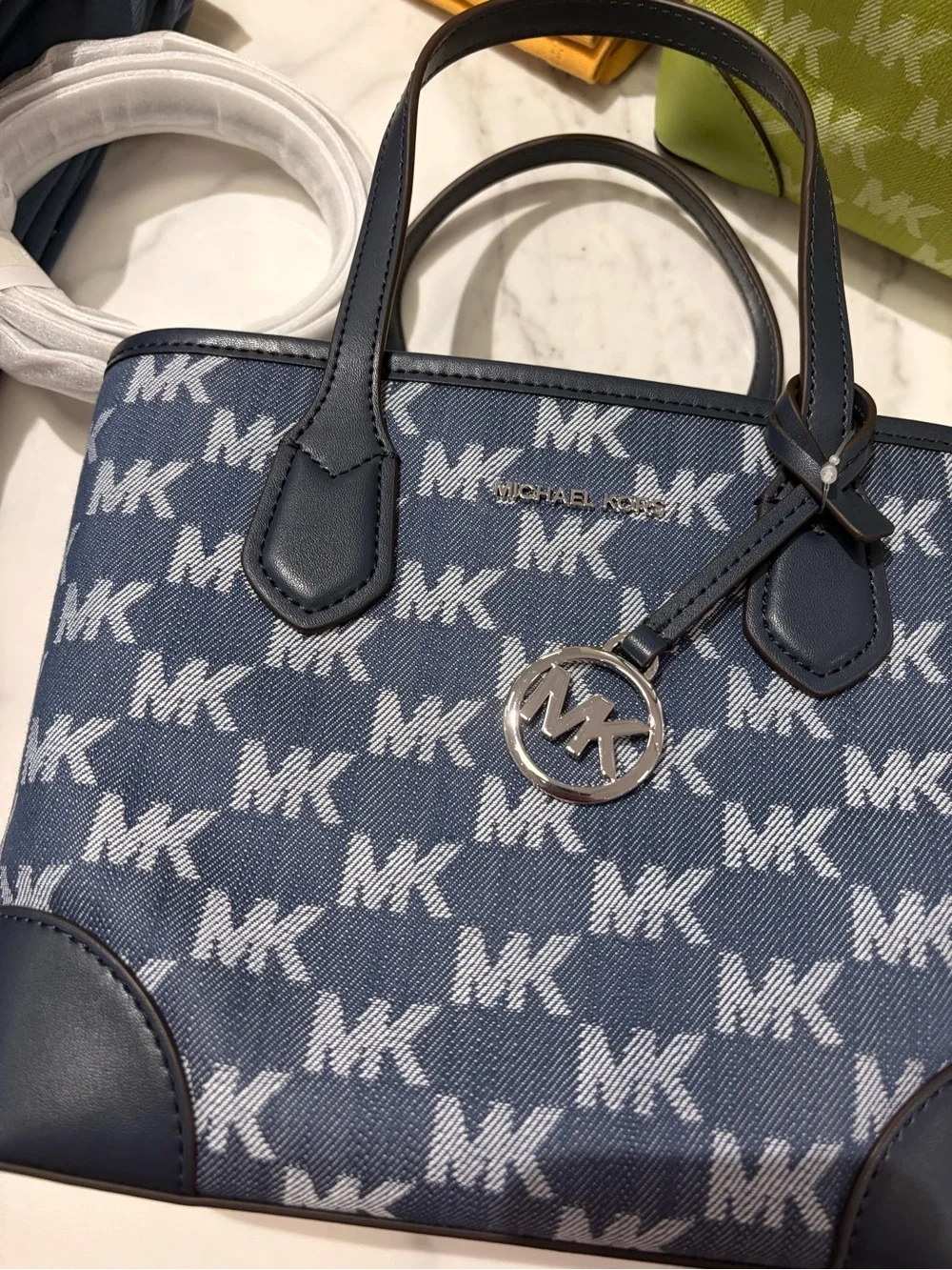 Michael Kors Eva crossbody blue Monogram MK Tote denim with strap new tag